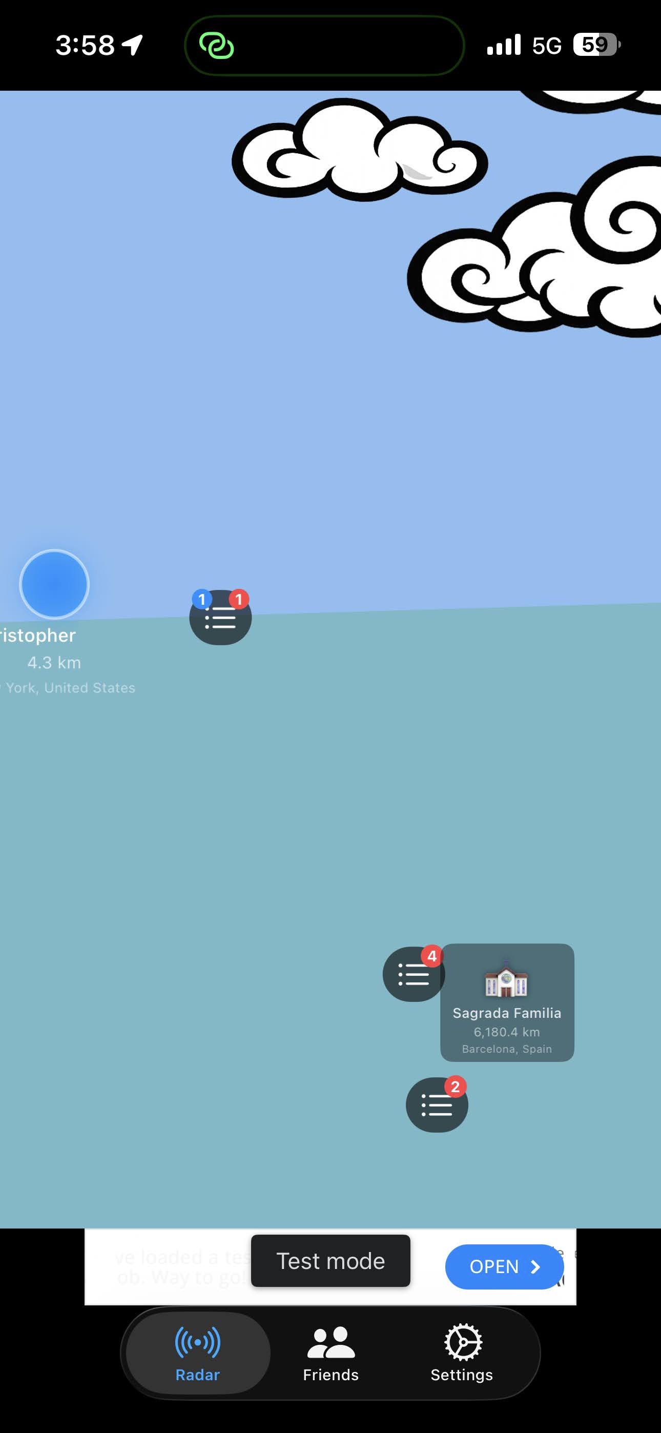 Frinder AR radar showing a friend