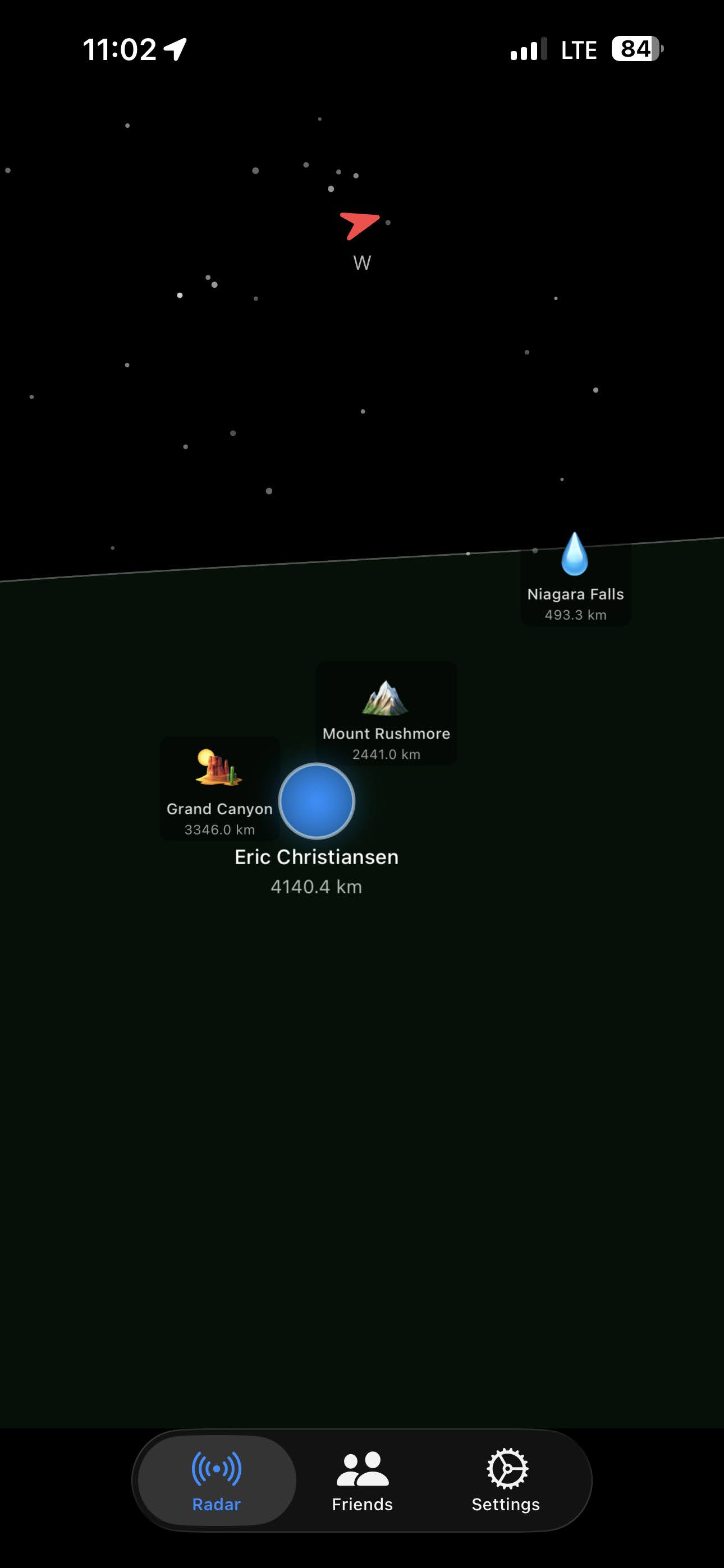 Frinder app showing friends and landmarks on an AR radar view